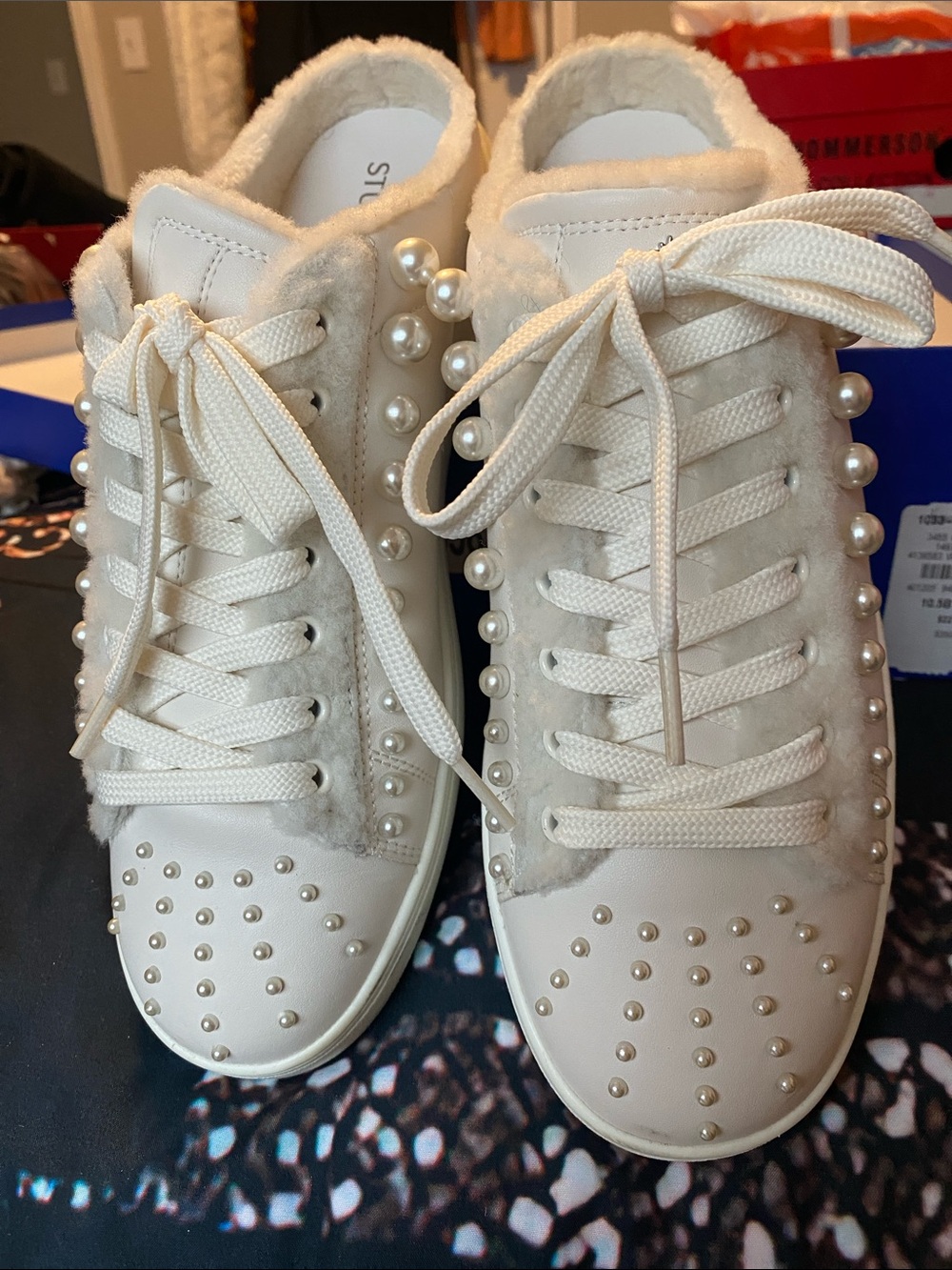Stuart Weitzman Cream Pearl-Embellished Lace-Up Sneakers